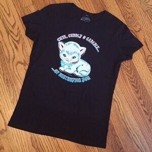 New Cute Retro White Cat Kitten Women’s Black Cotton Graphic Tee Sz XL